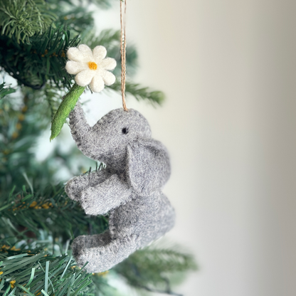 Felt Elephant with White Flower Ornament