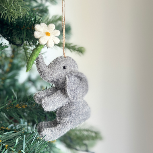 Felt Elephant with White Flower Ornament