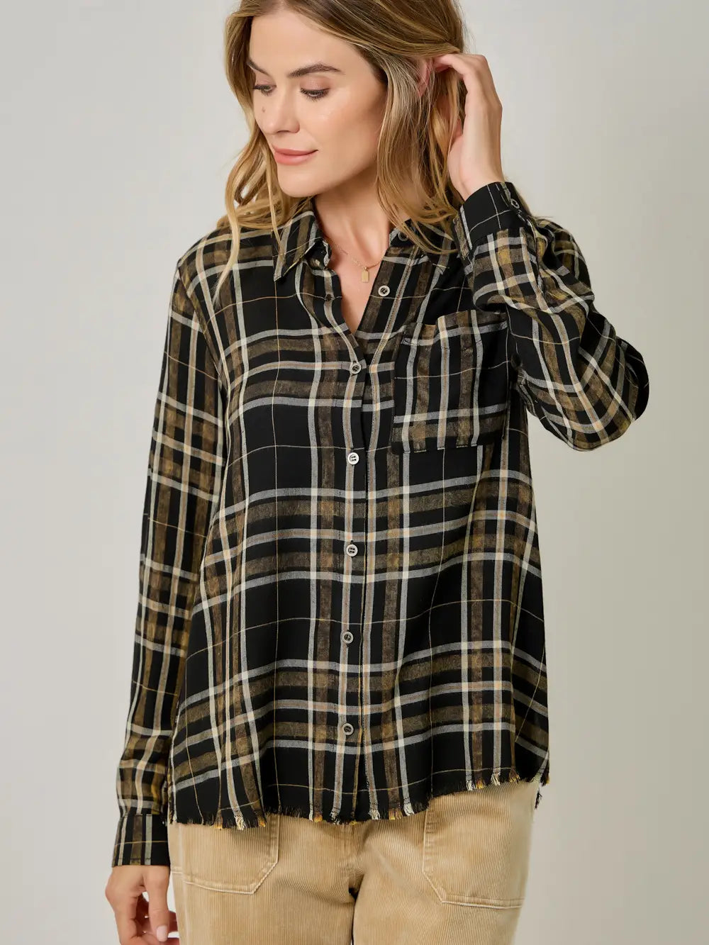 Washed Plaid Button Up in Black