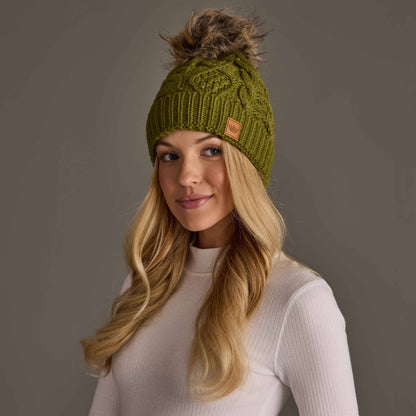 Olive Cable Knit Pom Hat