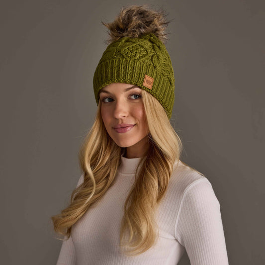 Olive Cable Knit Pom Hat
