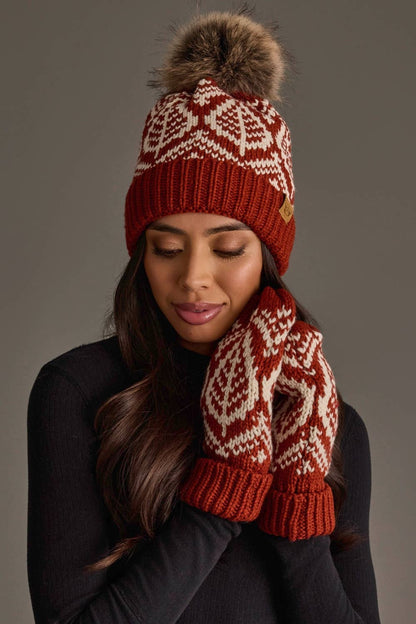 Rust & Beige Patterned Pom Hat