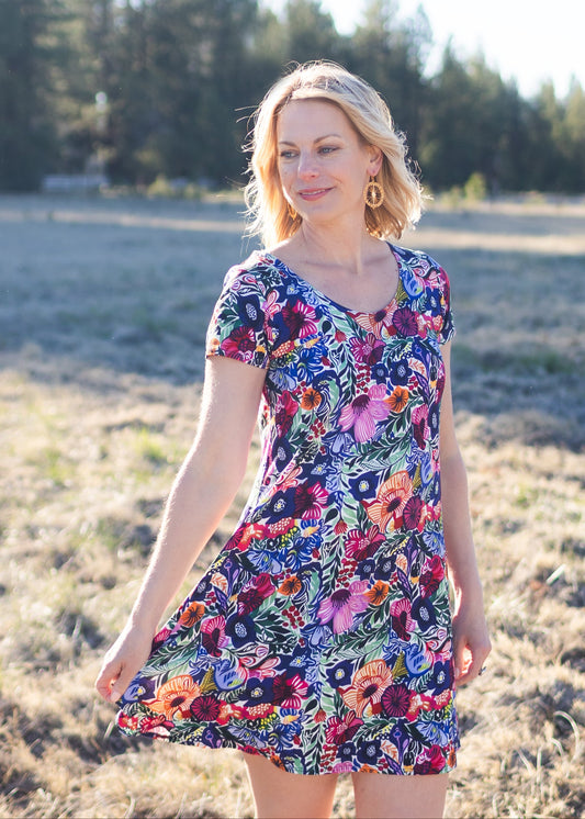 Lucy Cap Sleeve Dress in Bold Floral Print | Salaam