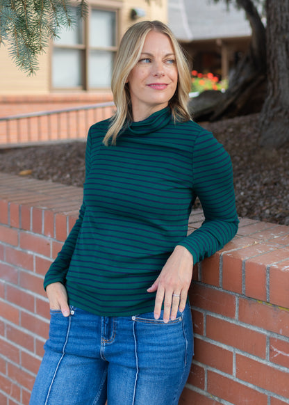 Long Sleeve Stripe Turtleneck in Emerald | Liverpool