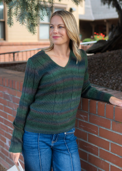 V-Neck Sweater in Green Multi | Liverpool