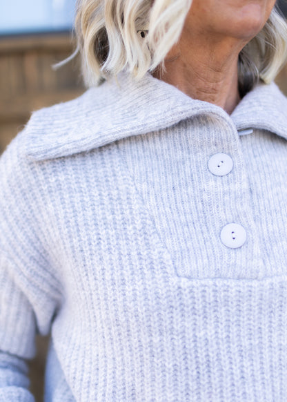 Quarter Button Sweater in Light Grey