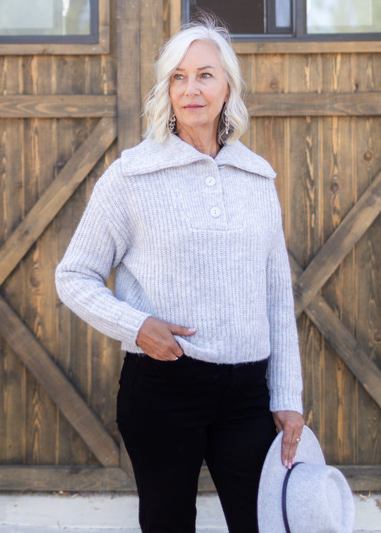 Quarter Button Sweater in Light Grey