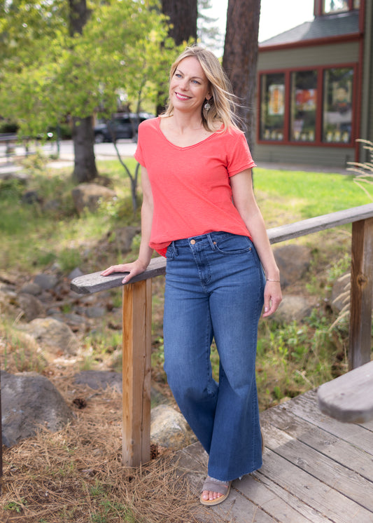 Raw Edge V-Neck Tee in Harbor Red | Cut•Loose