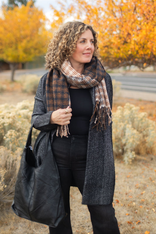 Cozy Colorblock Plaid Fringe Scarf in Black