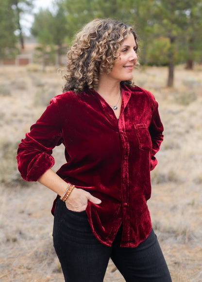Galina Velvet Shirt in Burgundy | Dear John