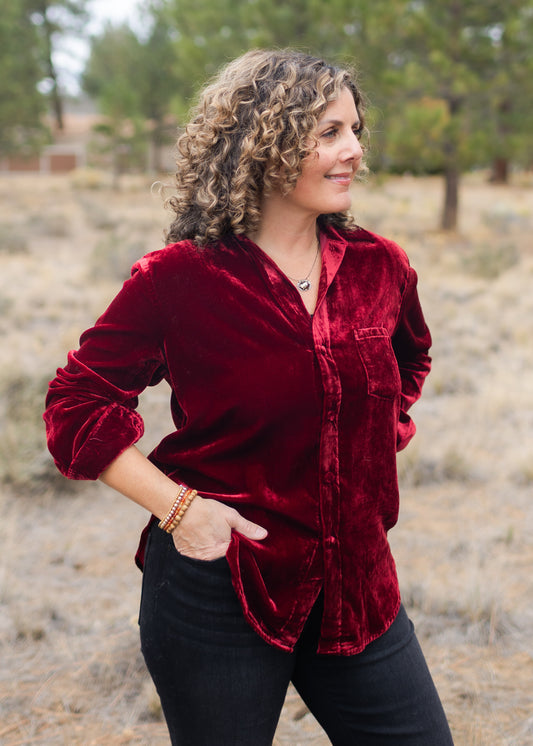 Galina Velvet Shirt in Burgundy | Dear John