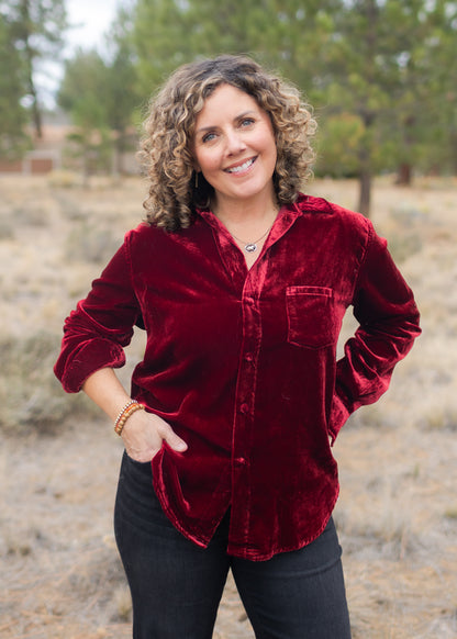 Galina Velvet Shirt in Burgundy | Dear John