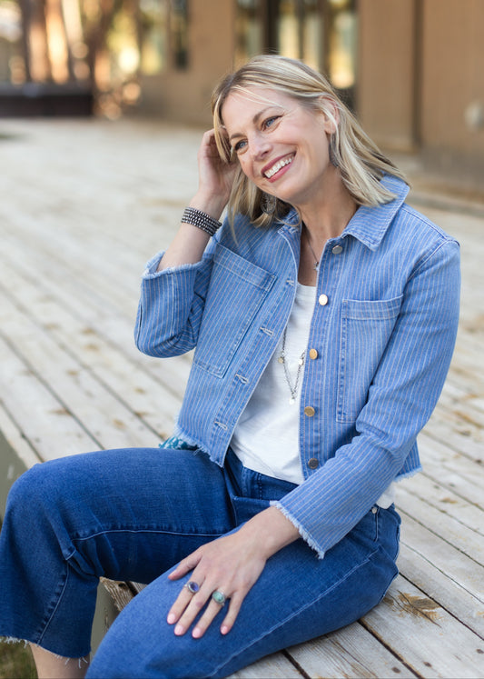 Denim Crop Shacket in Sunset Stripe | Liverpool