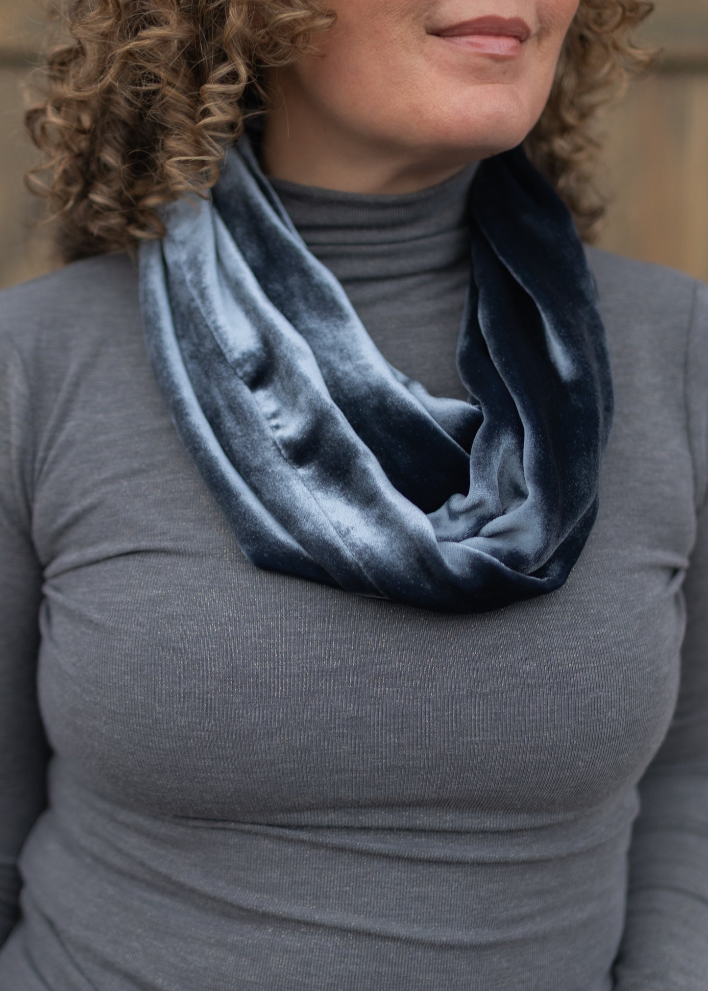 Silk Velvet Infinity Scarf in Denim