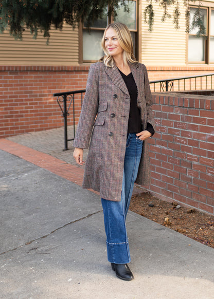 Brown Houndstooth Double Breasted Coat