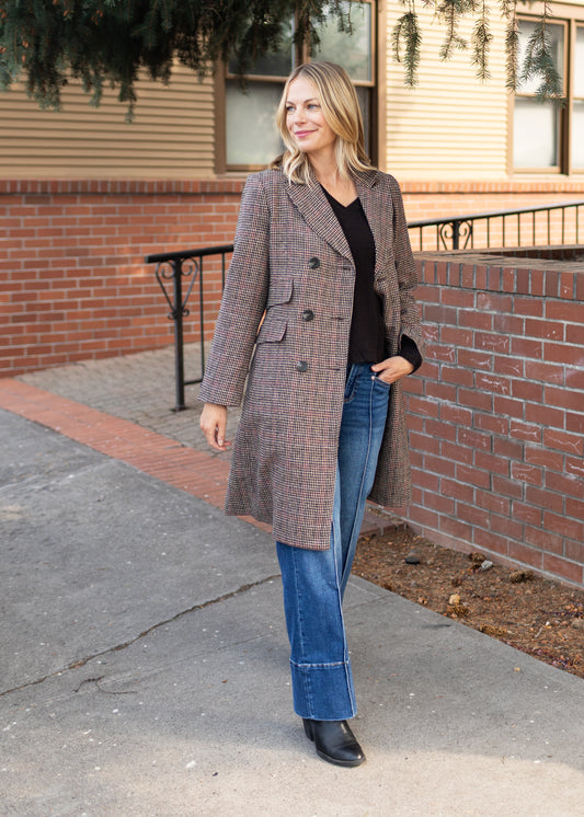 Brown Houndstooth Double Breasted Coat