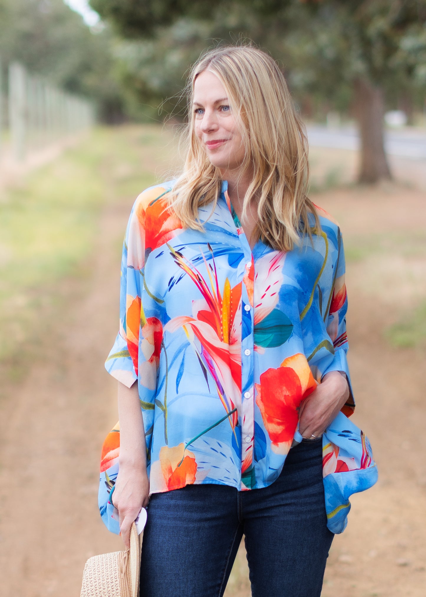 One Size Button Shirt in Blue & Red Flower Print | APNY