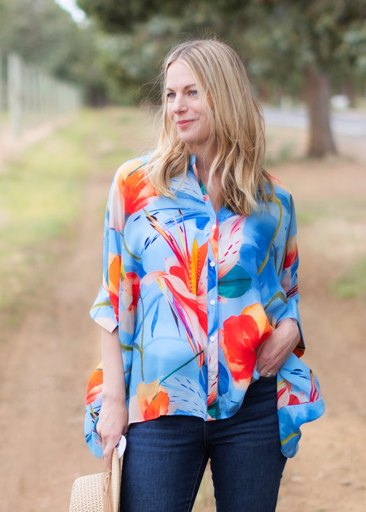 One Size Button Shirt in Blue & Red Flower Print | APNY