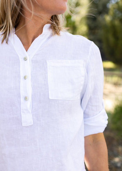 Linen Henley Top in White