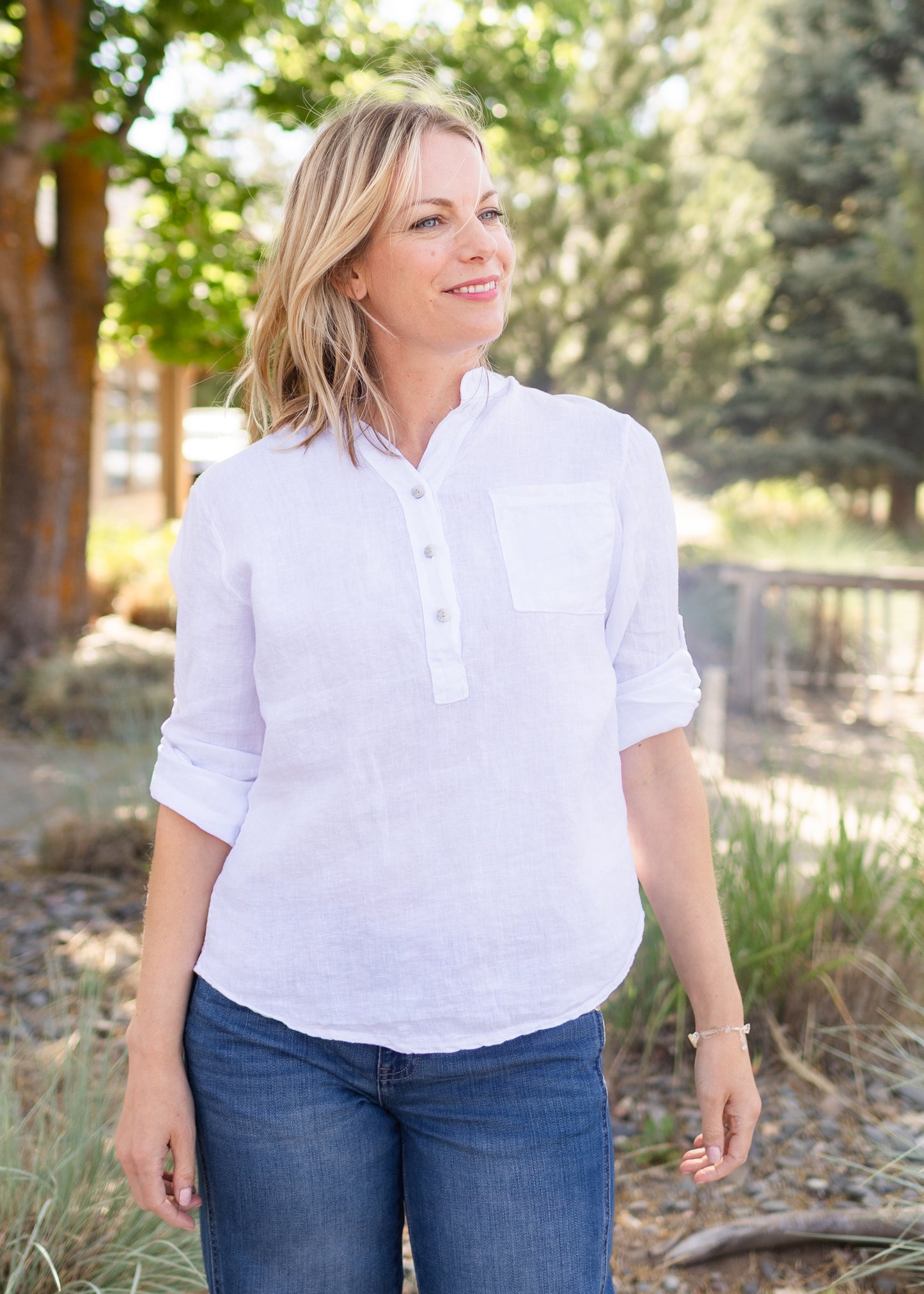 Linen Henley Top in White