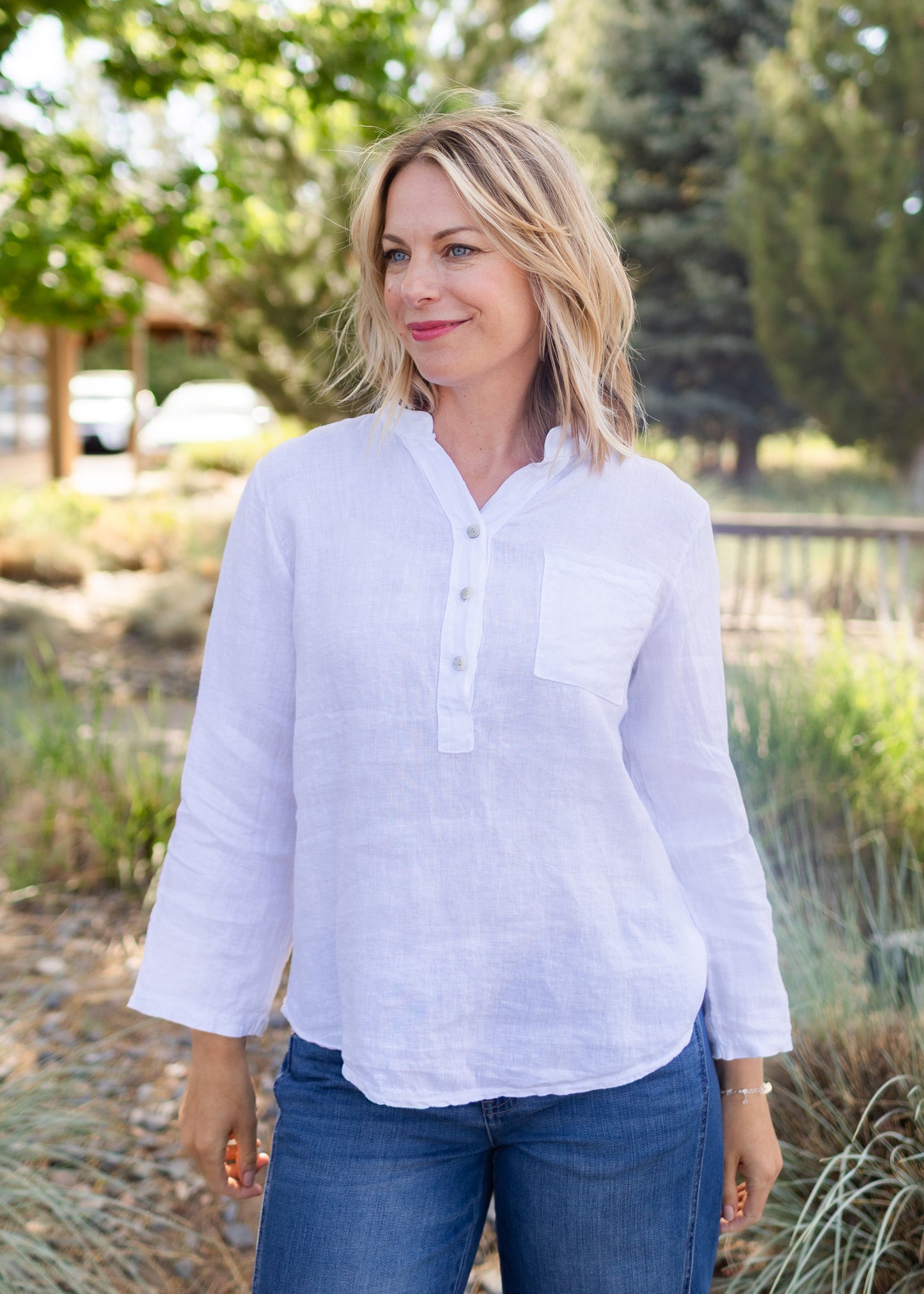 Linen Henley Top in White
