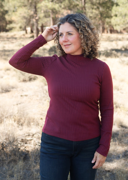 Long Sleeve Mock Rib Top in Wine | Liverpool