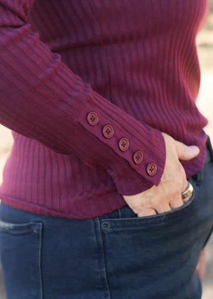 Long Sleeve Mock Rib Top in Wine | Liverpool