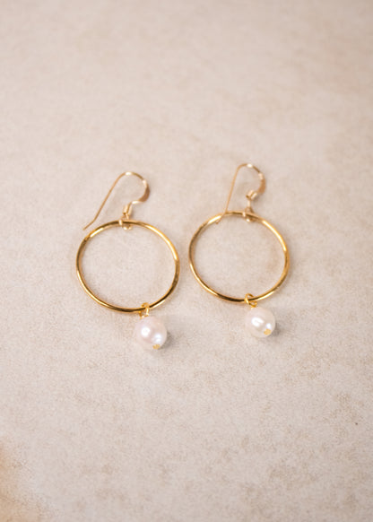 Gold Hammered Hoop With Pearl Earrings