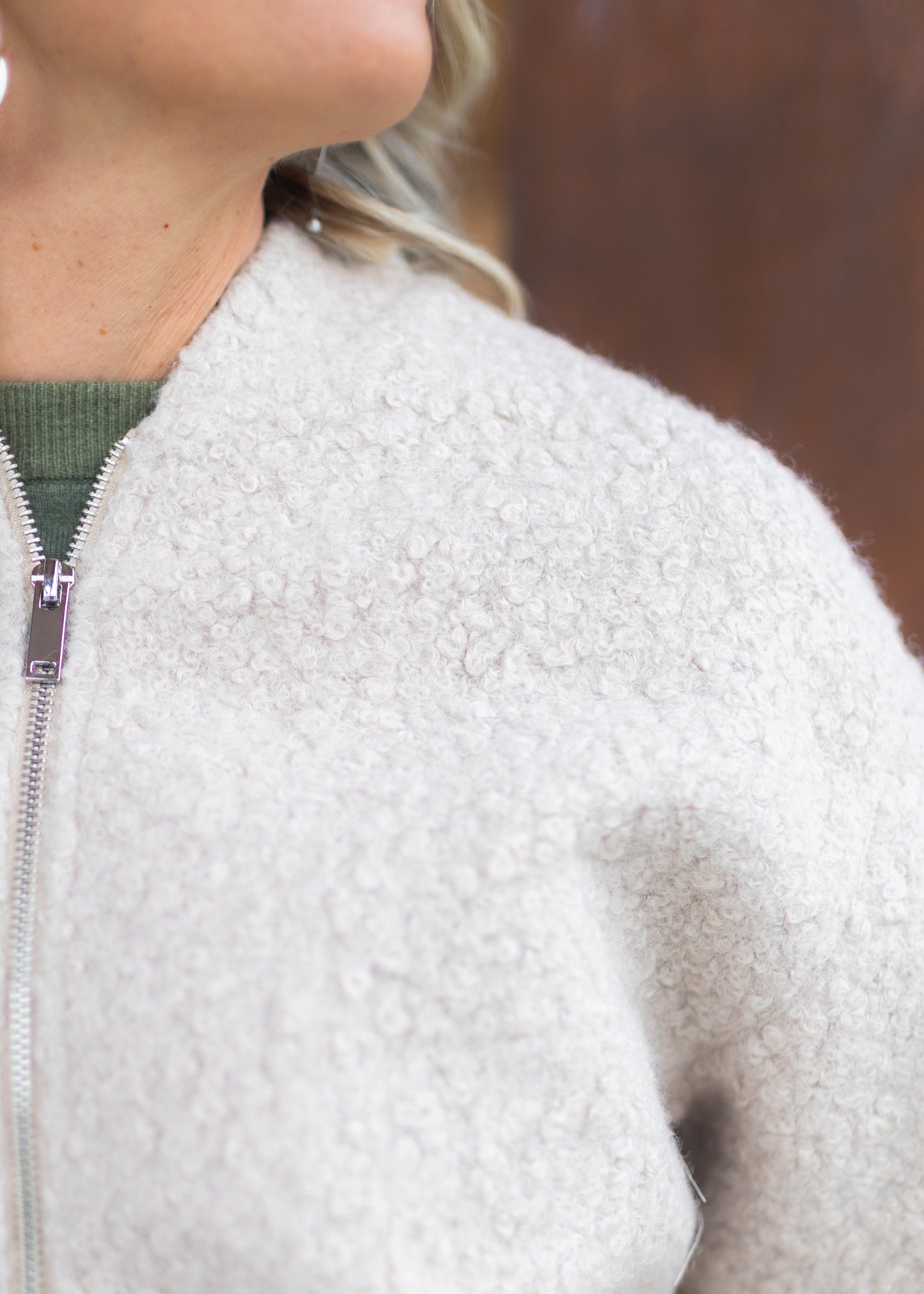 Carmen Beige Boucle Bomber Jacket