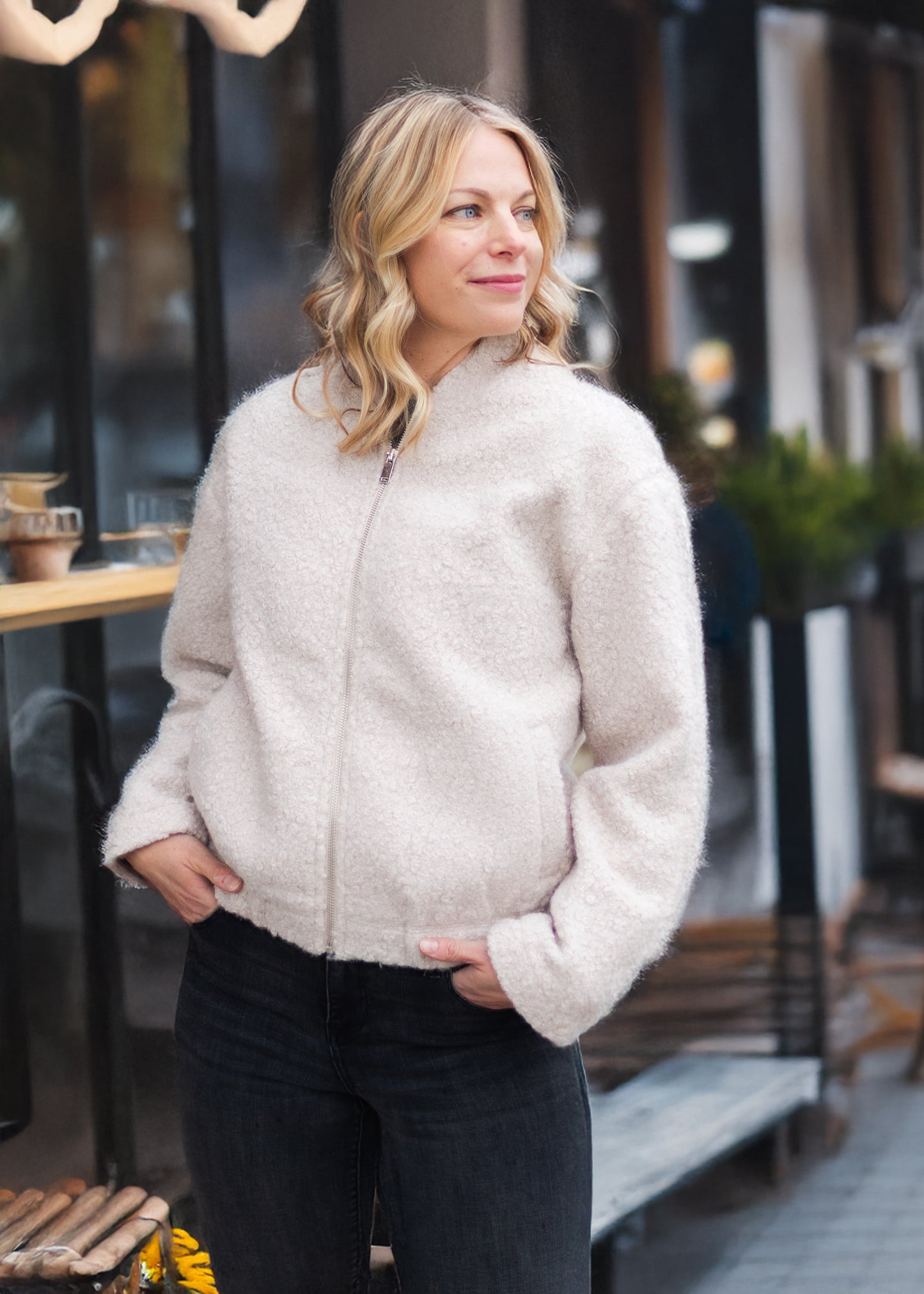 Carmen Beige Boucle Bomber Jacket