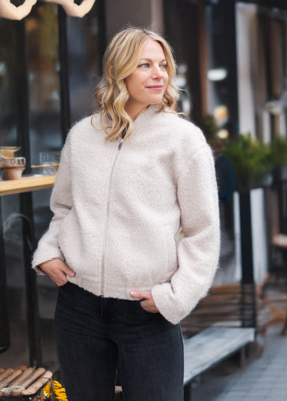 Carmen Beige Boucle Bomber Jacket