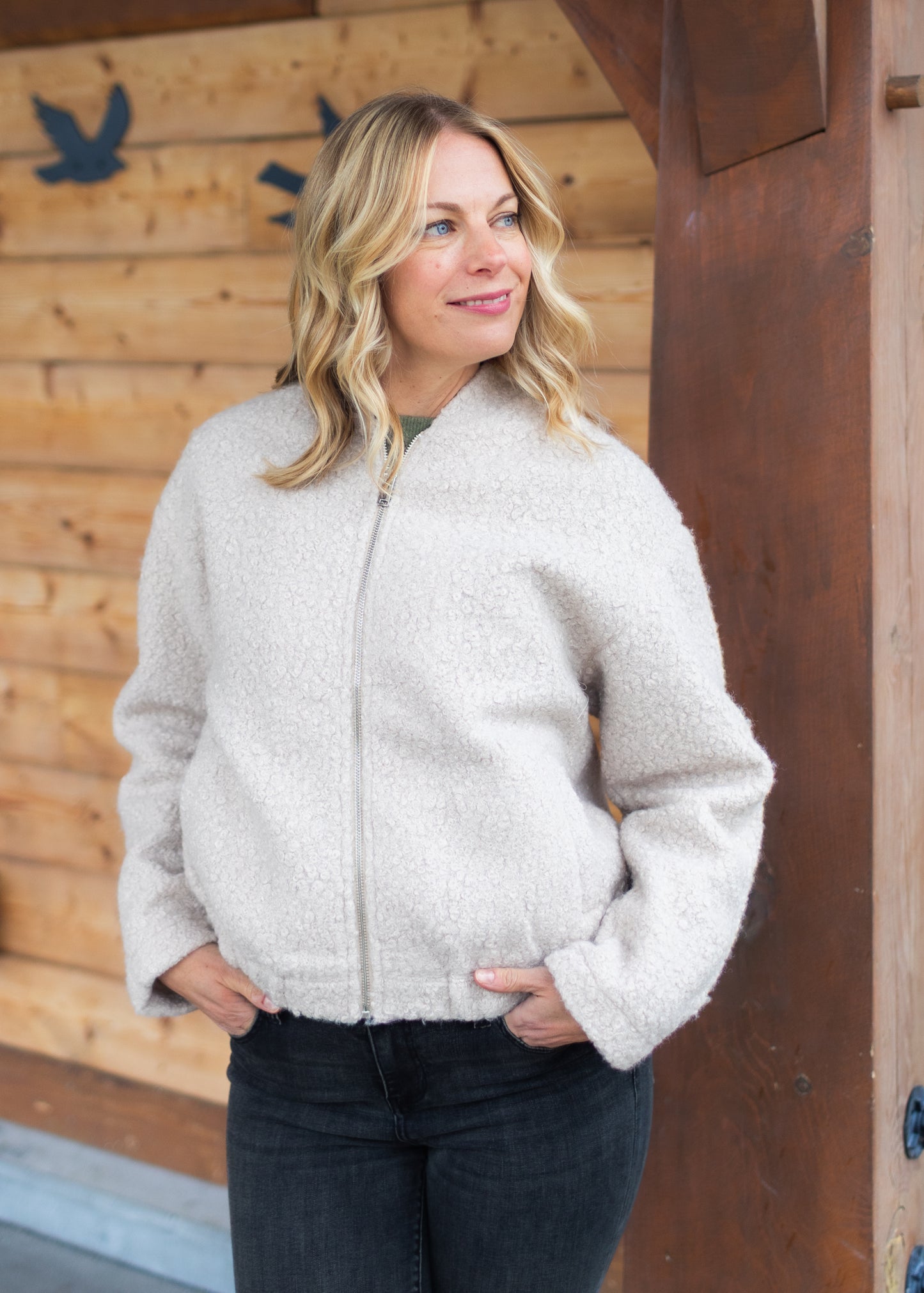 Carmen Beige Boucle Bomber Jacket