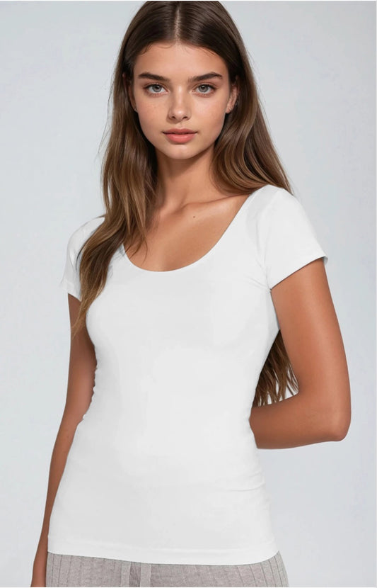Cap Sleeve Scoop Top in White | Nikibiki