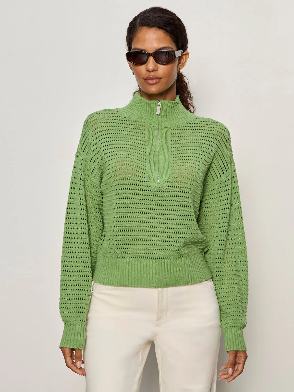 Open Knit 1/2 Zip Sweater in Green | Sanctuary