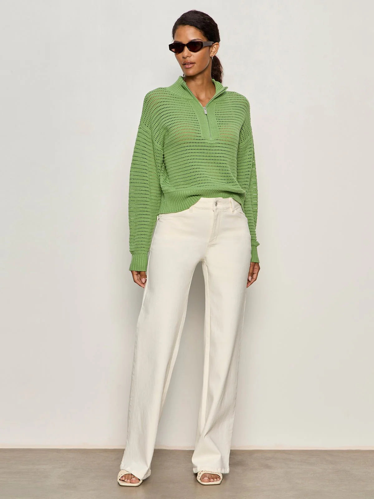 Open Knit 1/2 Zip Sweater in Green | Sanctuary