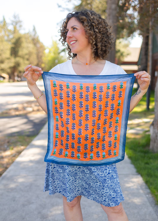 Orange & Navy Printed Square Scarf with Embroidery