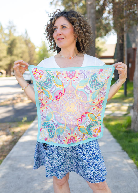 Aqua Birds Printed Square Scarf with Embroidery
