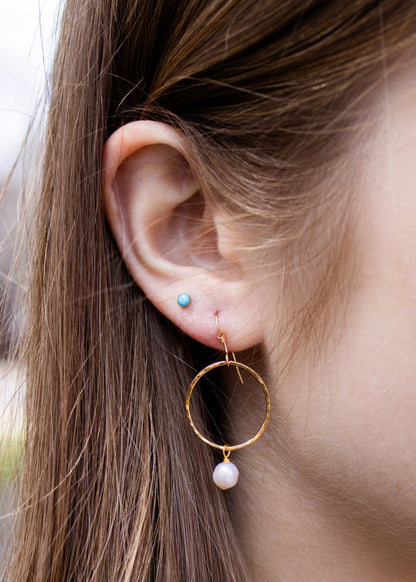 Gold Hammered Hoop With Pearl Earrings