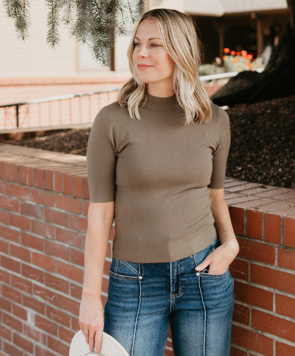 Elbow Mock Neck Top in Khaki