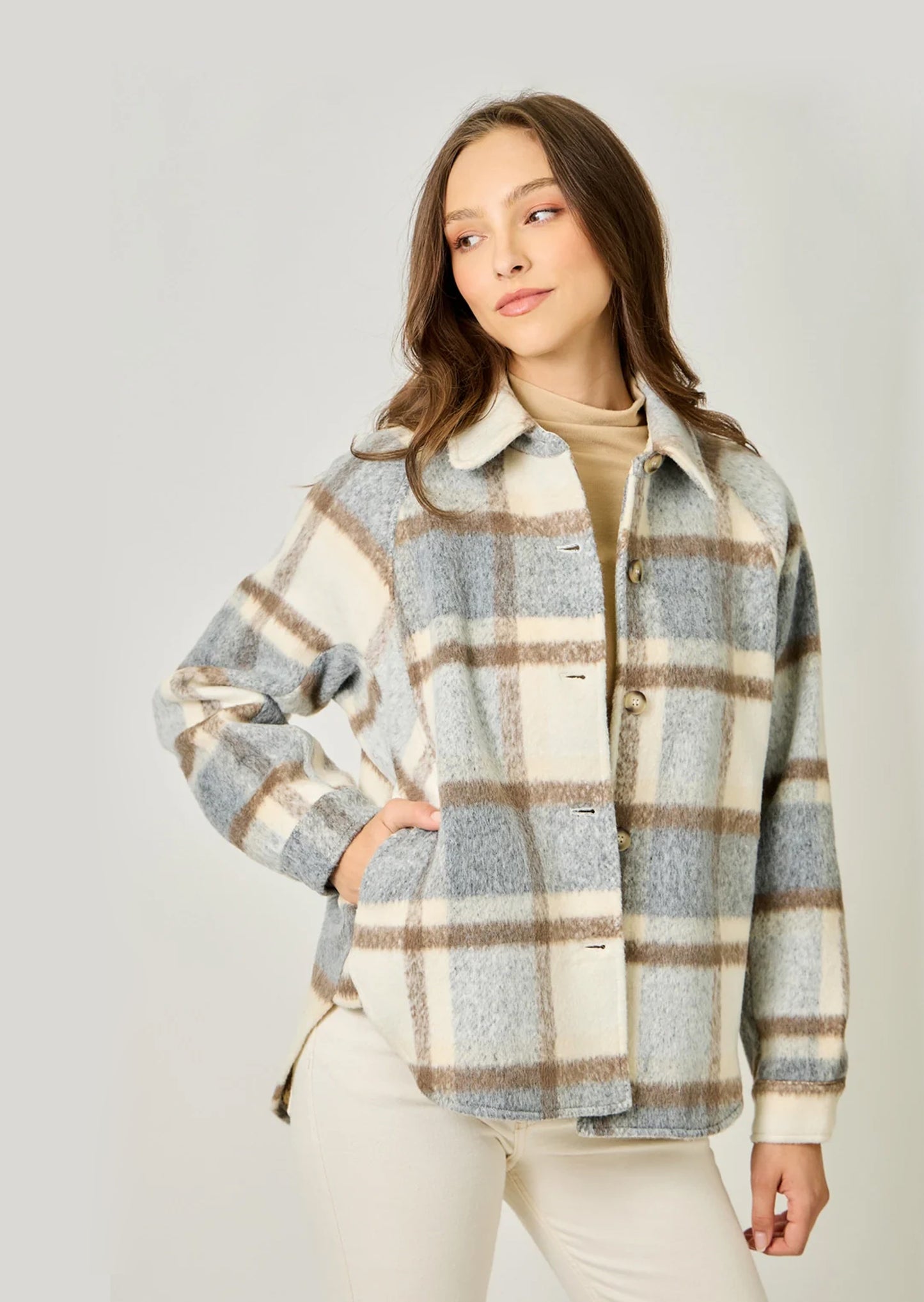Brushed Shirt Jacket in Blue & Cream Plaid