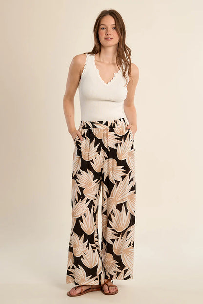 Black & Beige Bold Flower Pants
