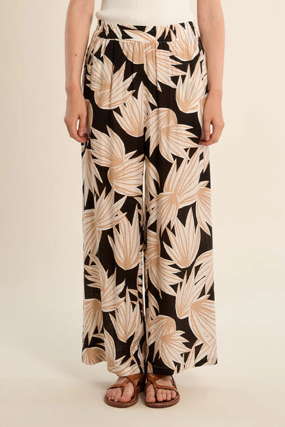 Black & Beige Bold Flower Pants
