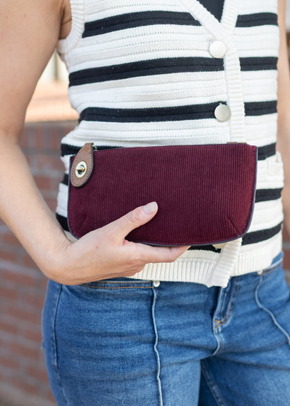 Corduroy Mini Crossbody Clutch in Wine