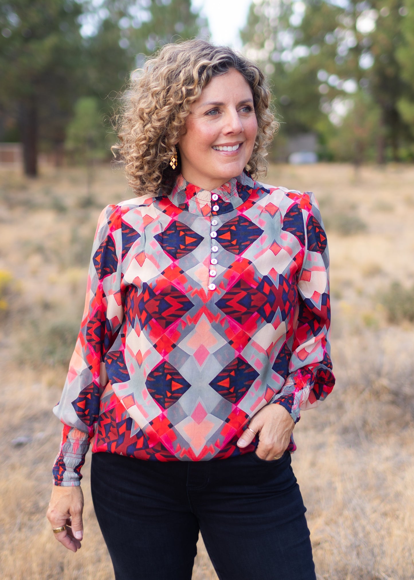 High Collar Blouse in Red Geo Print | APNY