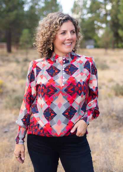 High Collar Blouse in Red Geo Print | APNY