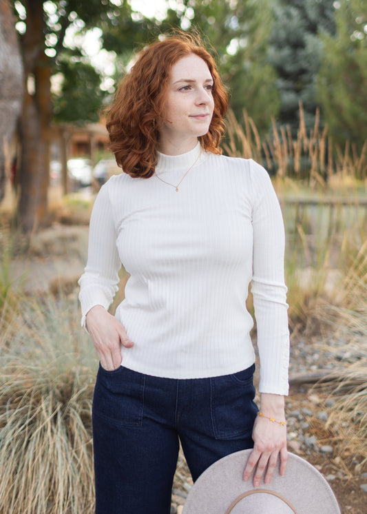 Long Sleeve Mock Rib Top in Snow | Liverpool