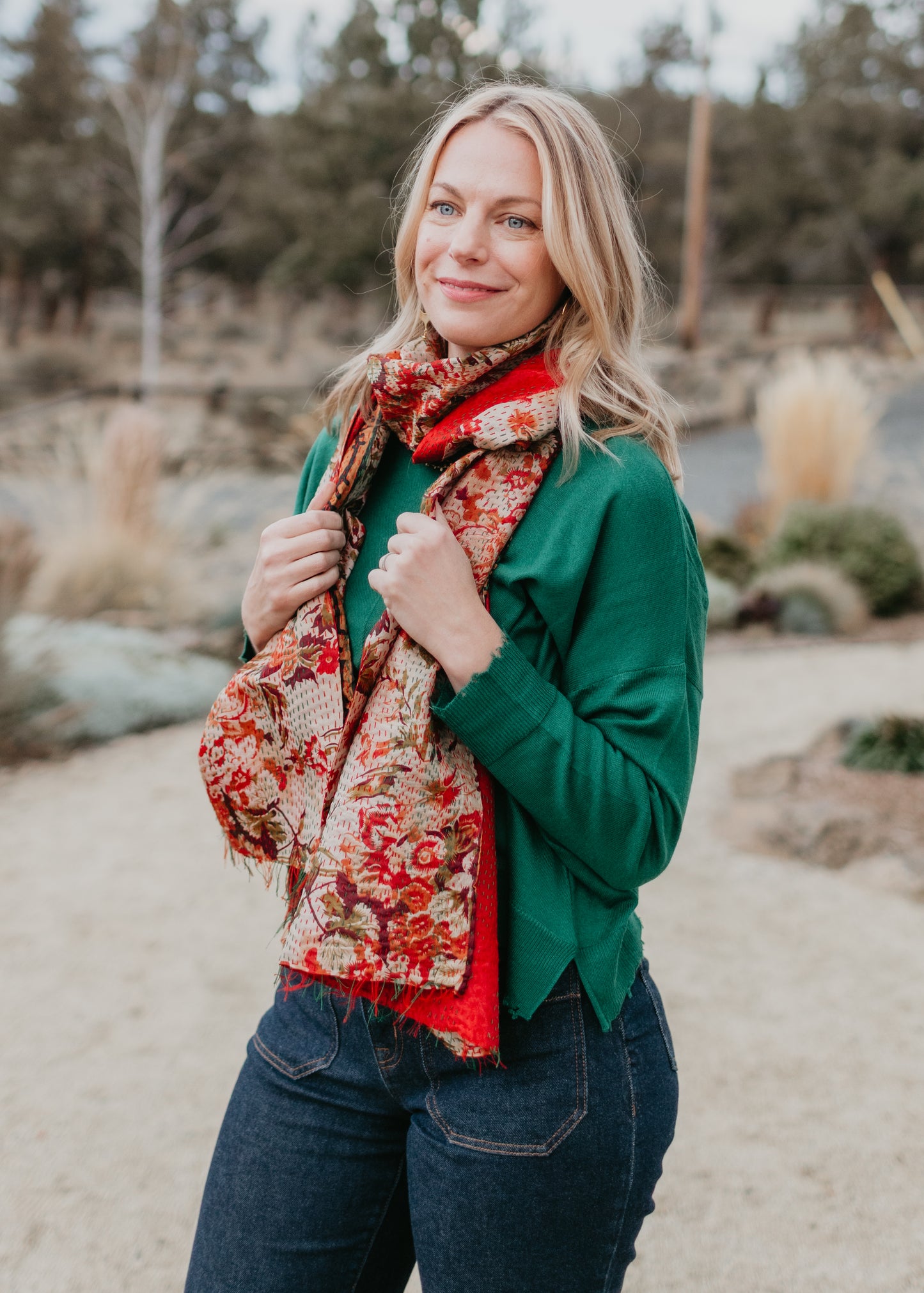Silk Kantha Scarf in Red Floral Print