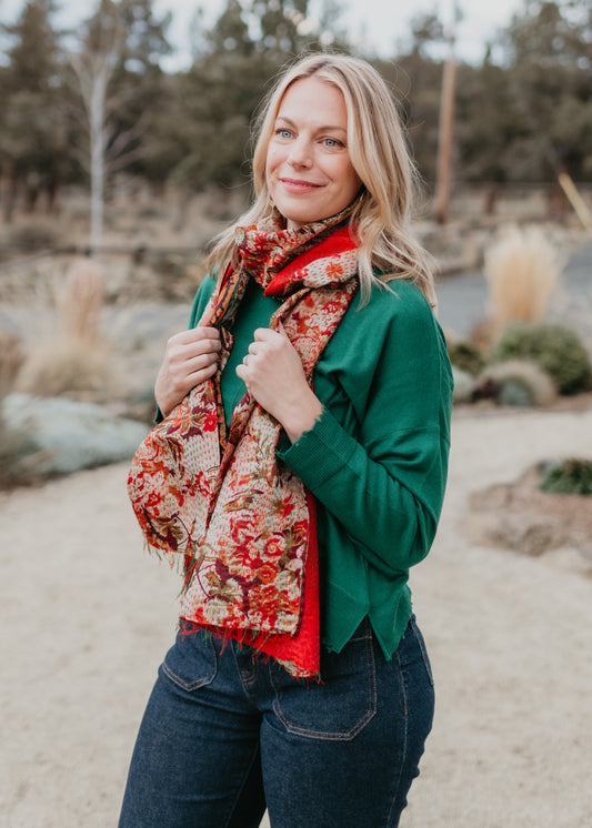 Silk Kantha Scarf in Red Floral Print