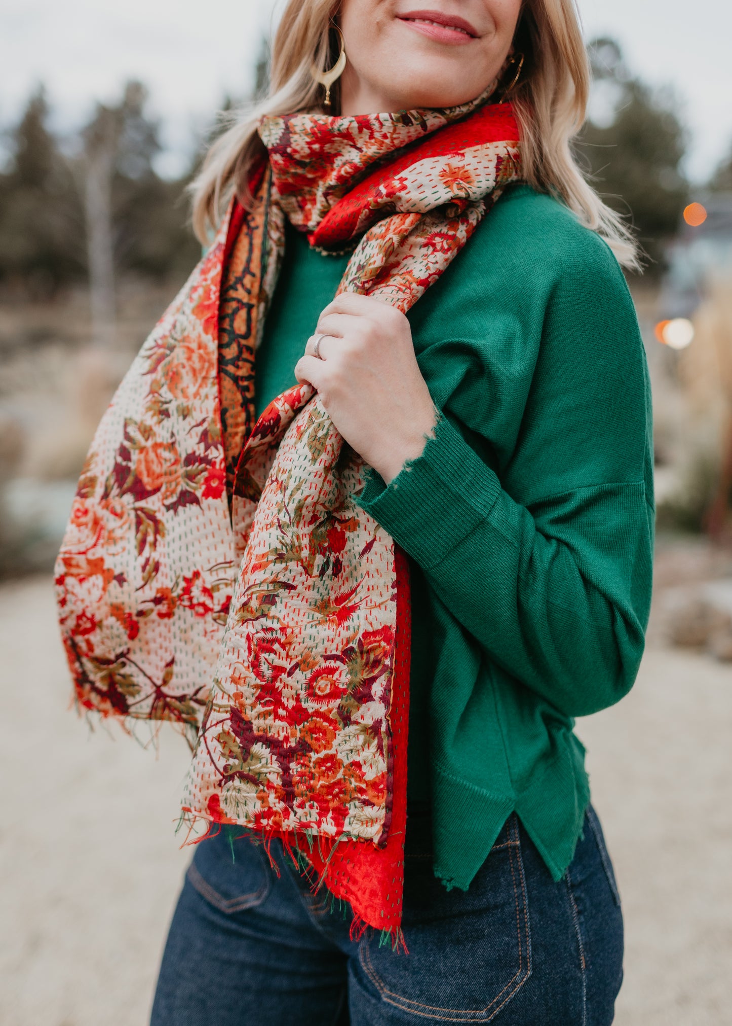 Silk Kantha Scarf in Red Floral Print