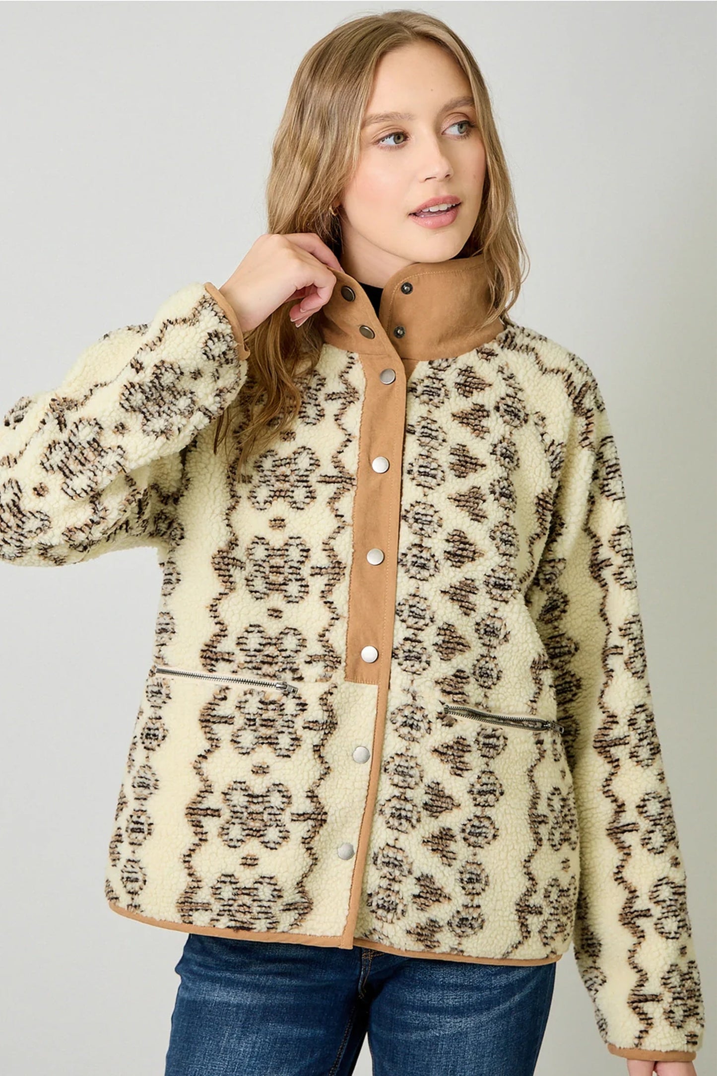 Printed Fleece Jacket in Cappuccino
